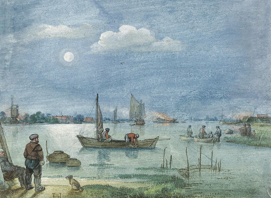 Fishermen by Moonlight Drawing by Hendrick Avercamp