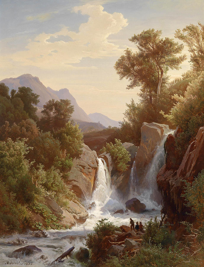 Fishermen by the Waterfall Painting by August Friedrich Kessler Fishermen by the Waterfall Painting by August Friedrich Kessler