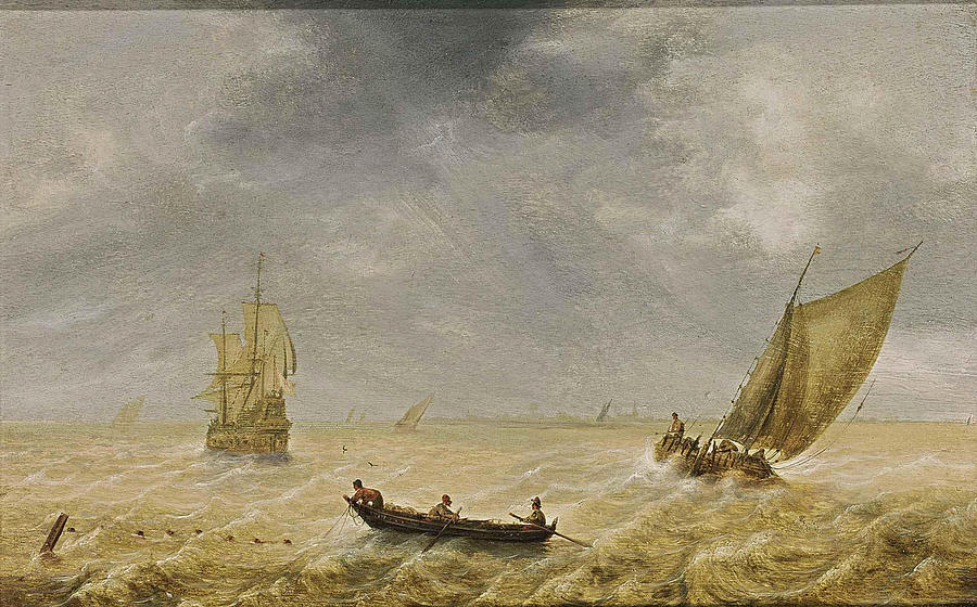 Fishermen in a Rowing Boat and Sailing Vessels in a Choppy Sea a City in the Distance Painting by Hendrick van Anthonissen