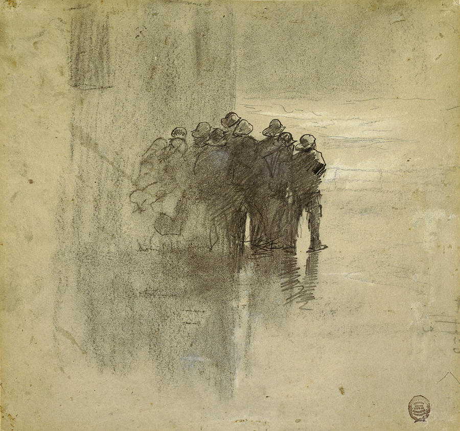Fishermen in Oilskins, Cullercoats, England, 1881 Drawing by Winslow Homer