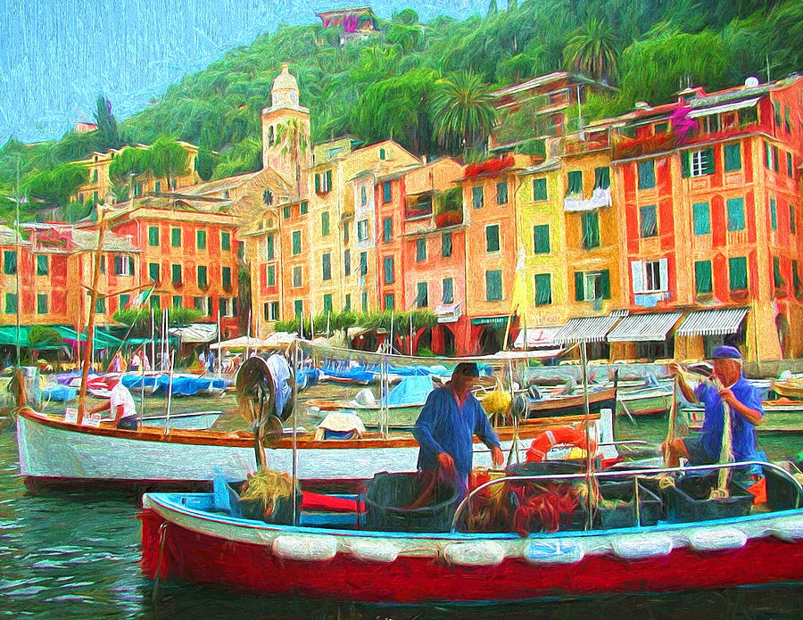 Fishermen in Portofino Painting by Mitchell R Grosky