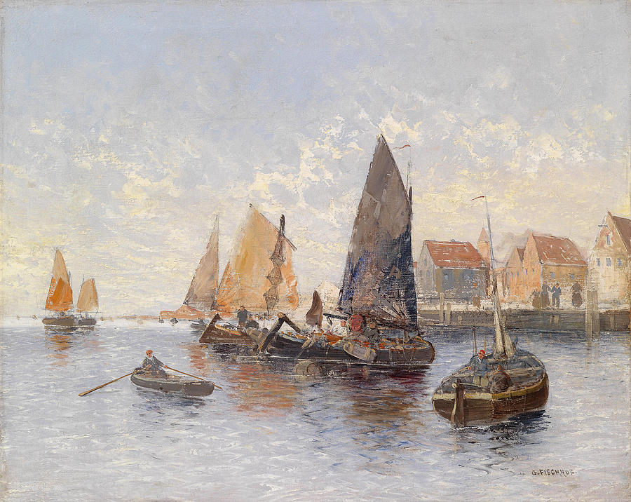 Fishermen in the Harbor Painting by Georg Fischhof