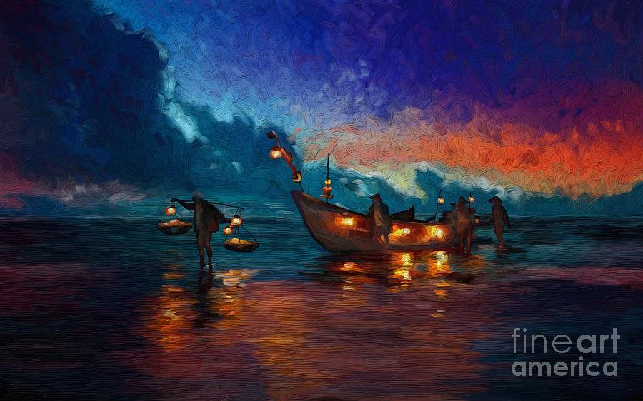 Fishermen Night Fishing Painting by Tim Gilliland