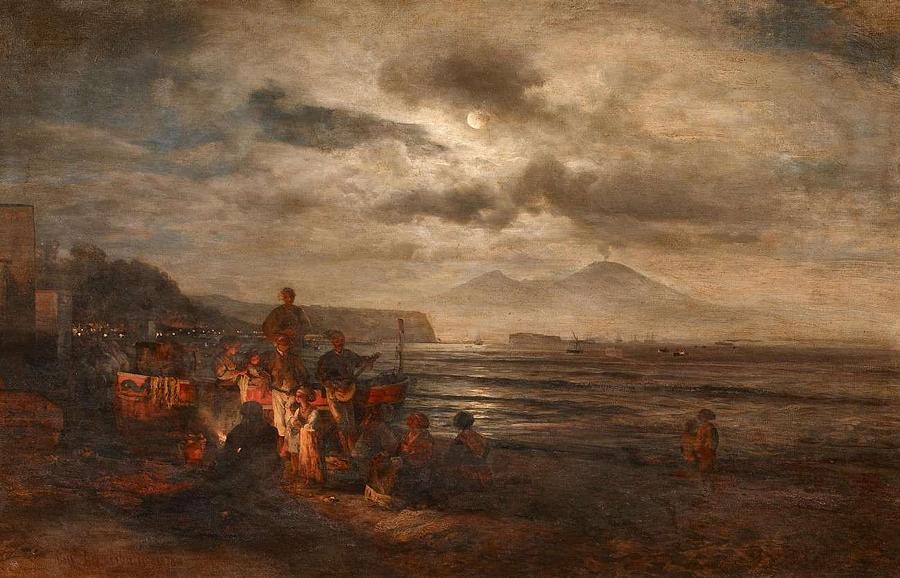 Fishermen On A Nightly Fire On The Beach At The Bay Of Naples , Oswald Achenbach - 1878 Painting