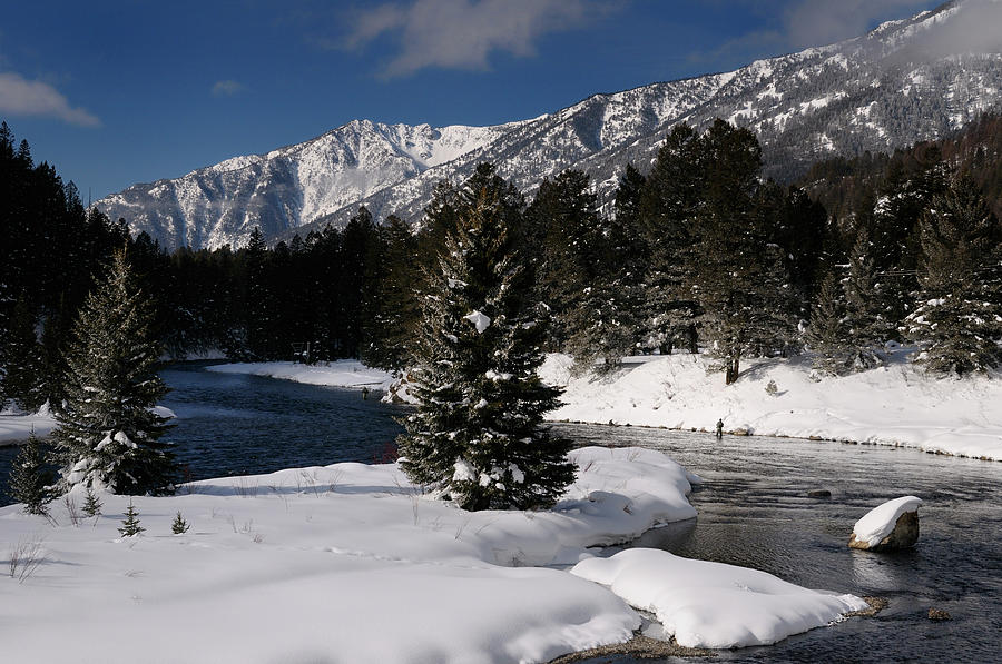 Fishermen On Madison River In Winter With Snowy Rocky Mountain M Photograph By Reimar Gaertner