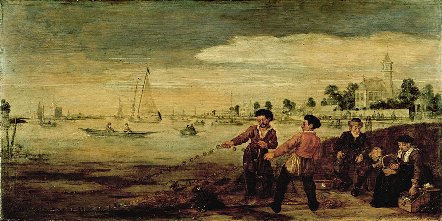 Fishermen on the Bank of the Amstel near the Pauwentuin Painting by Arent Arentsz