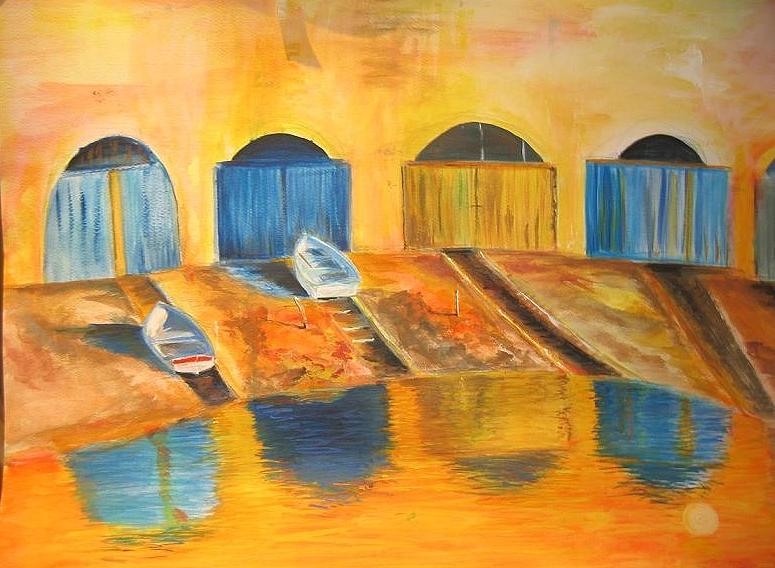 Fishermens boats at sundown Painting by Lizzy Forrester