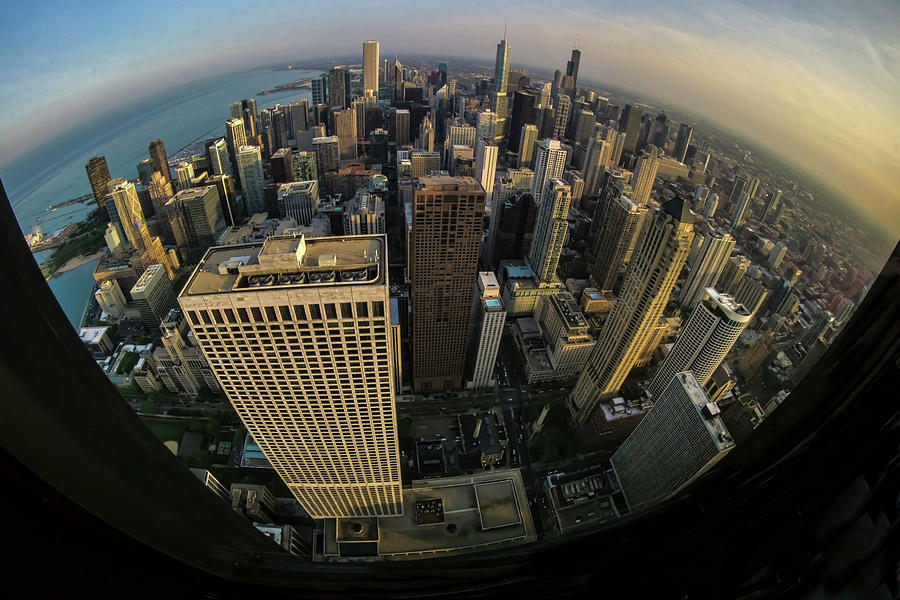 Chicago Skyline Photograph - Fisheye view of Dowtown Chicago from above  by Sven Brogren