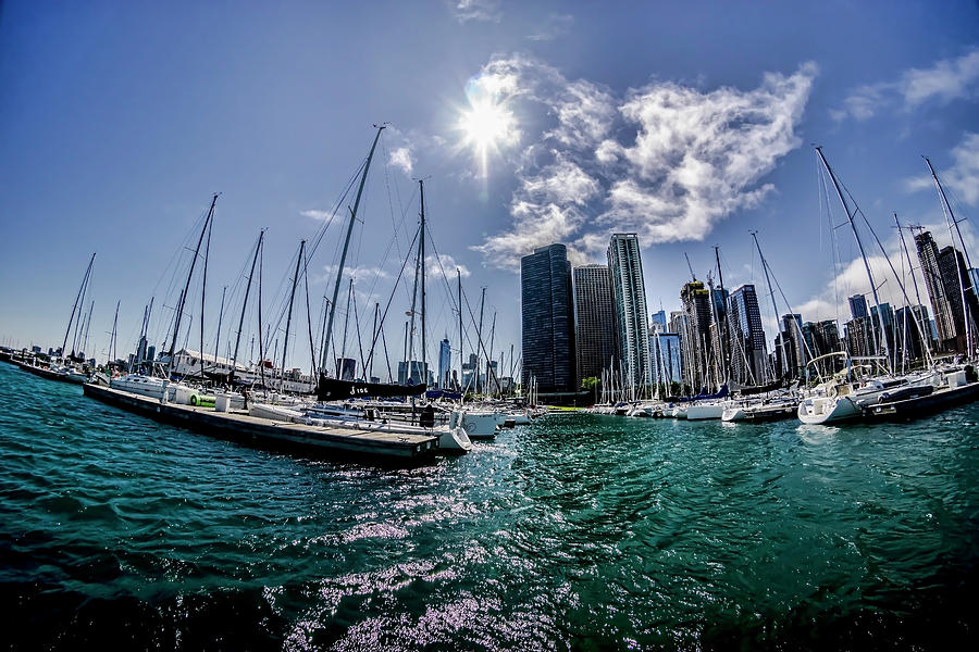 Fisheye view of the Chicago Skyline from DuSable harbor  Photograph by Sven Brogren