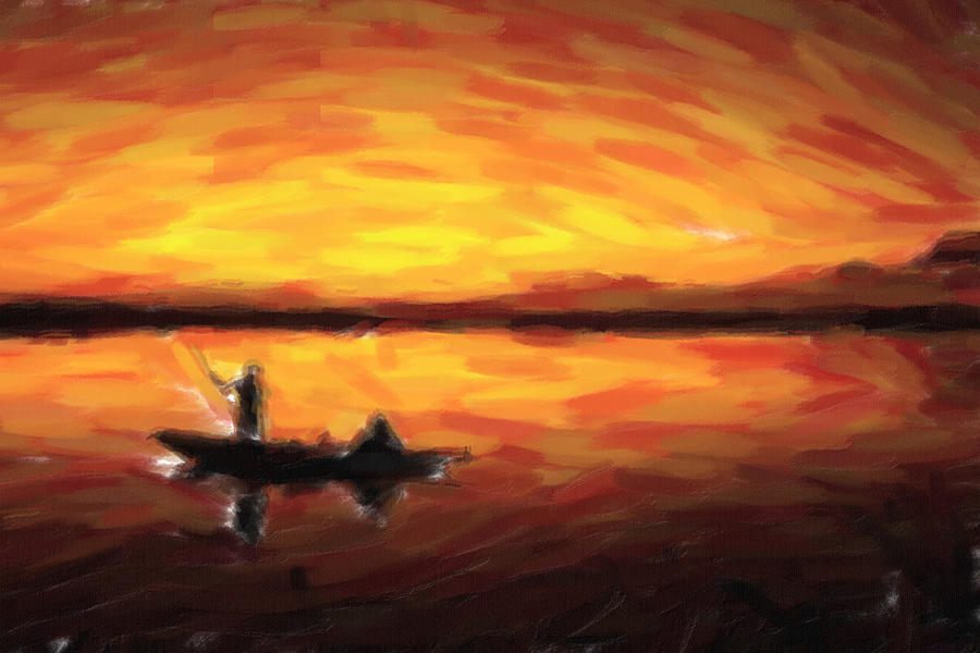 Sunset Painting - Fishing At Golden Hours by Celestial Images