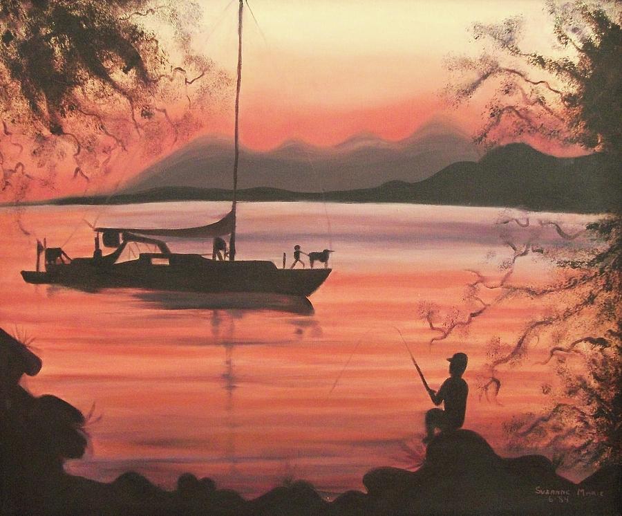 Sunset Painting - Fishing at Sunset by Suzanne  Marie Leclair