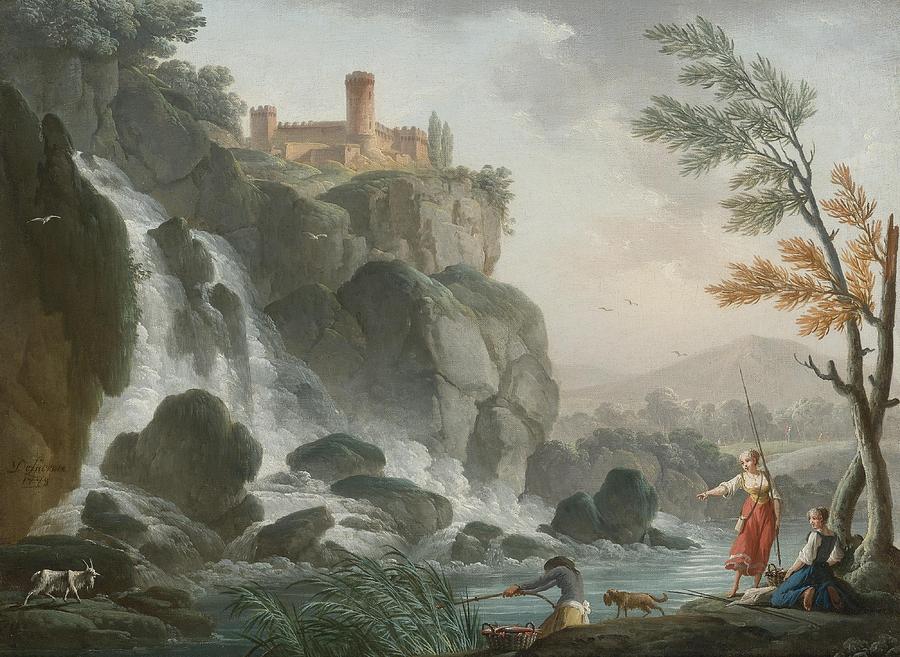Beautiful Painting - Fishing at the edge of a river with a waterfall below a castle by Charles-Francois Lacroix de Marseille