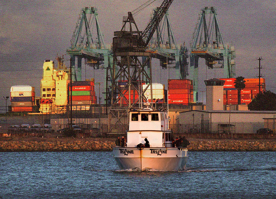 Fishing Boat and Freight Cranes Photograph by Joseph Hollingsworth
