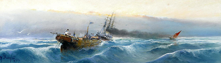 Fishing Boat and Steamship Painting by Vasilios Chatzis