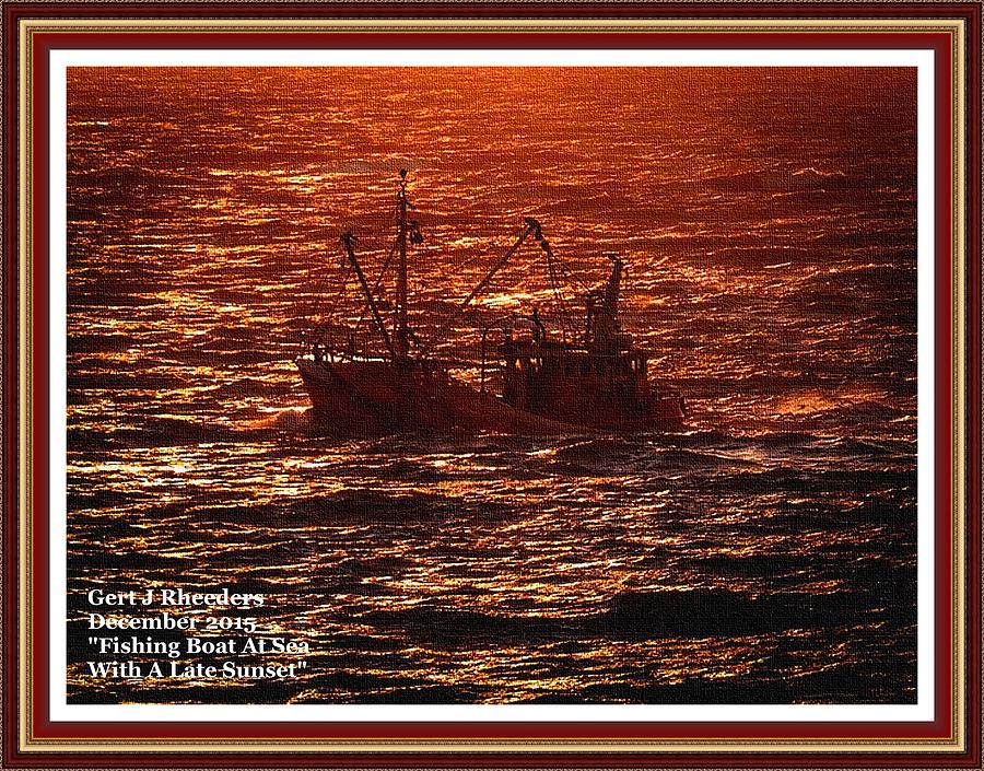 Fishing Boat At Sea With A Late Sunset. L A With Decorative Ornate Printed Frame. Painting