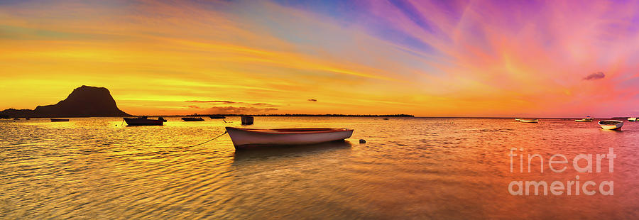 Fishing Boat At Sunset Time. Le Morn Brabant On Background. Pano Photograph
