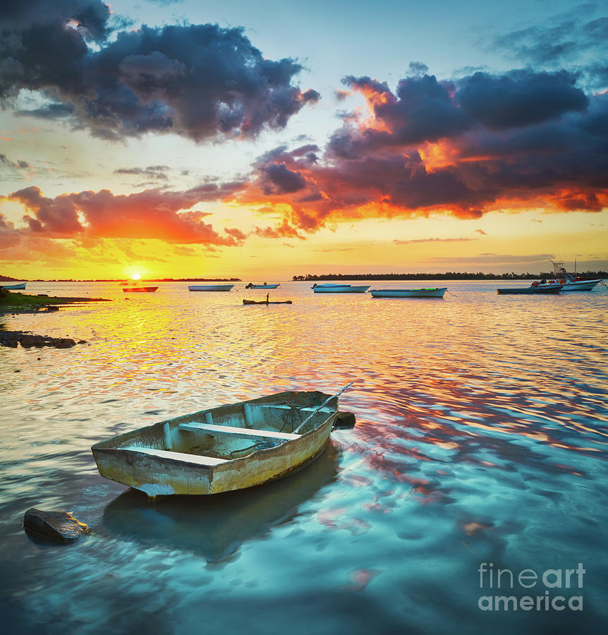 Fishing Boat At Sunset Time. Photograph