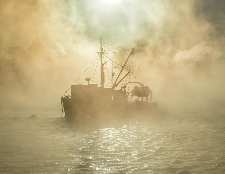 Fishing boat enveloped in sea smoke Photograph by Edward Muennich ...