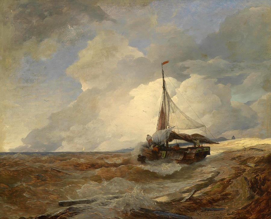 Fishing Boat in distress Painting by Andreas Achenbach