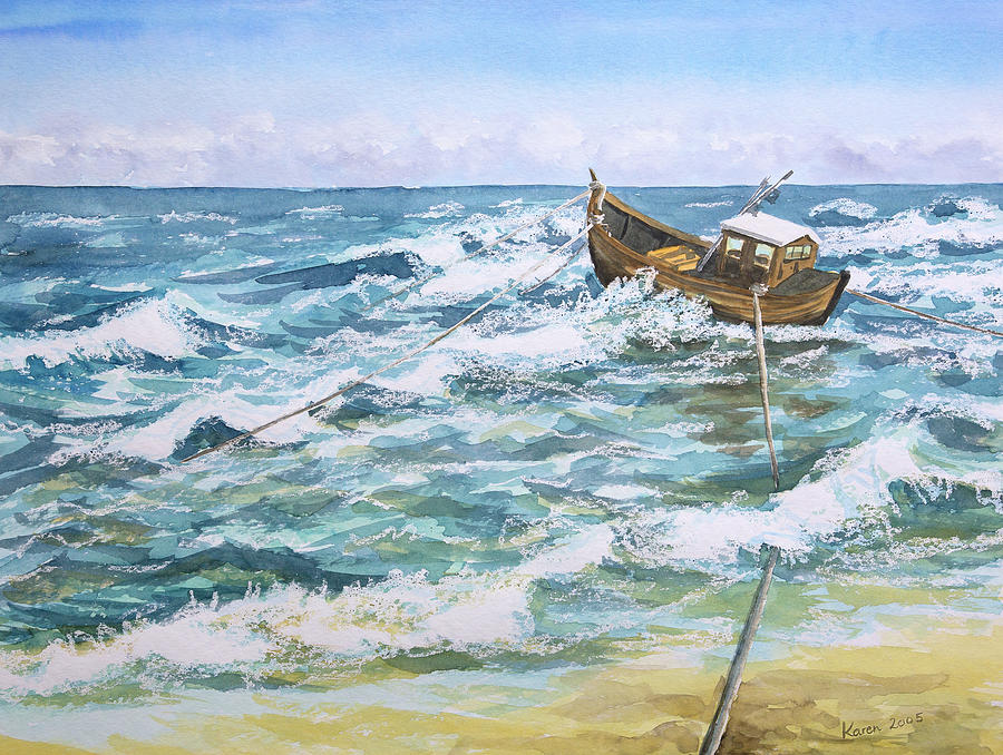Fishing boat in the waves Painting by Karen Kaspar