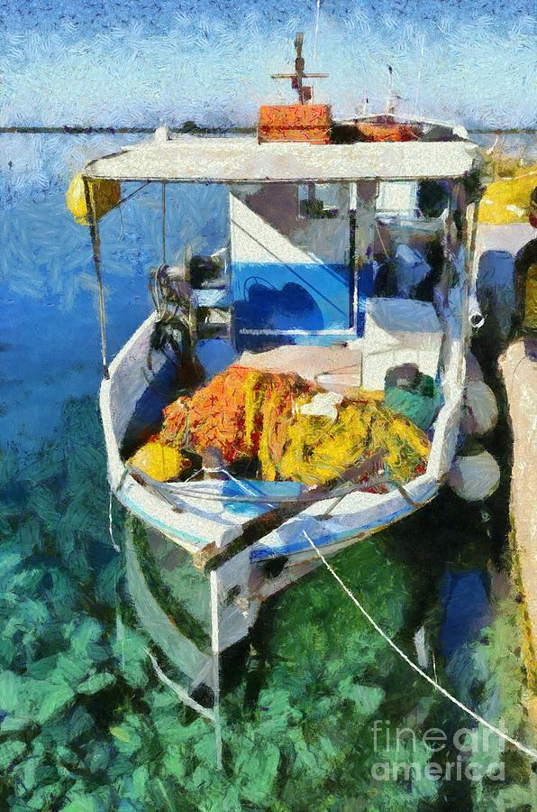 Fishing boat in Tinos port Painting by George Atsametakis