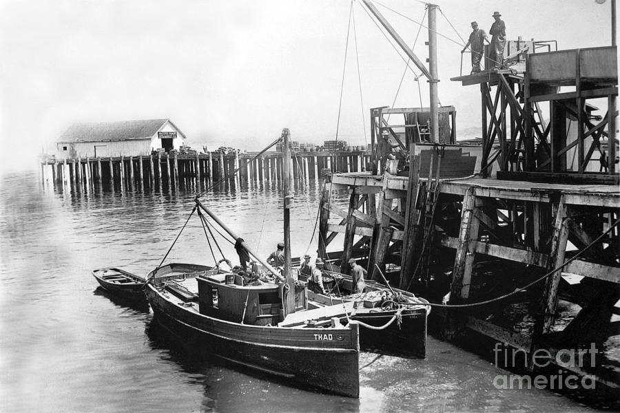 Boat Photograph - Fishing boat Thad and its lighter at Booth Cannery Wharf Monterey circa 1915 by Monterey County Historical Society