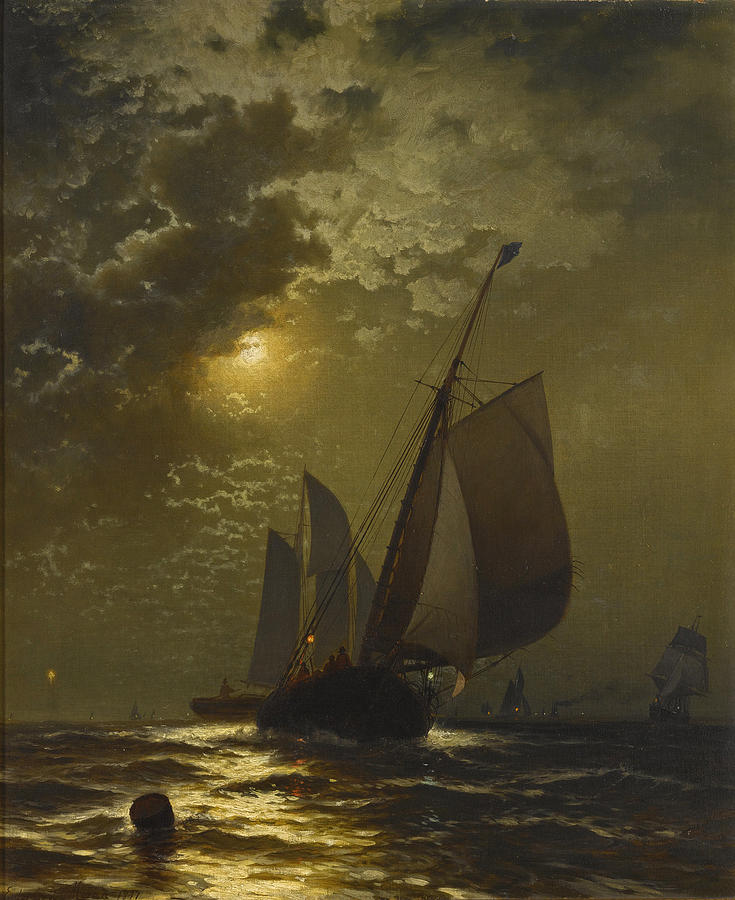 Fishing Boats in the Moonlight Painting by Edward Moran