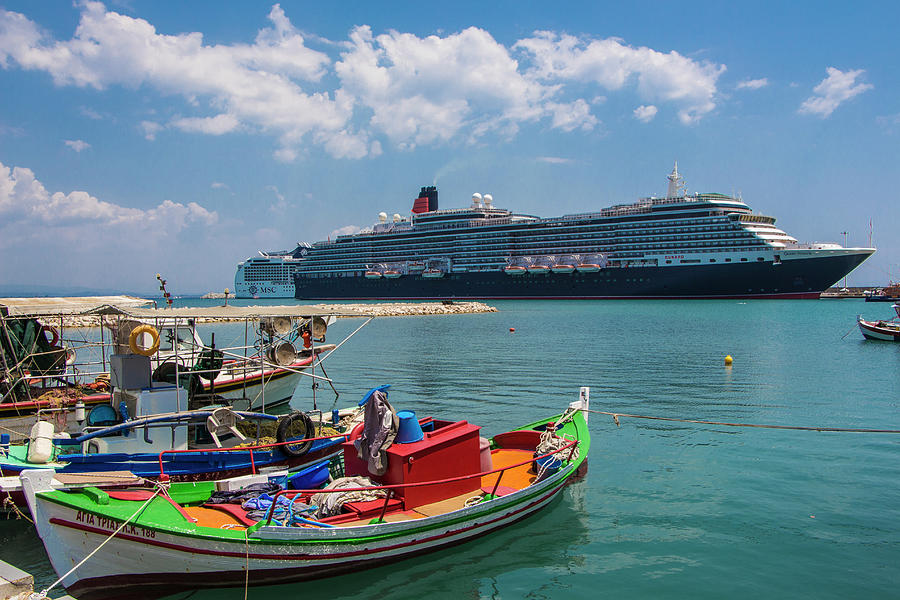 Fishing Boats And Cruise Ship, Katakolon, Greece Photograph by Venetia Featherstone-Witty