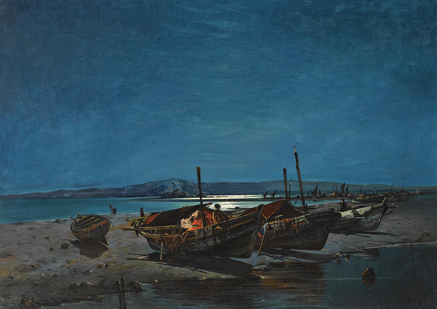 Fishing Boats by Moonlight Painting by Vasilios Chatzis