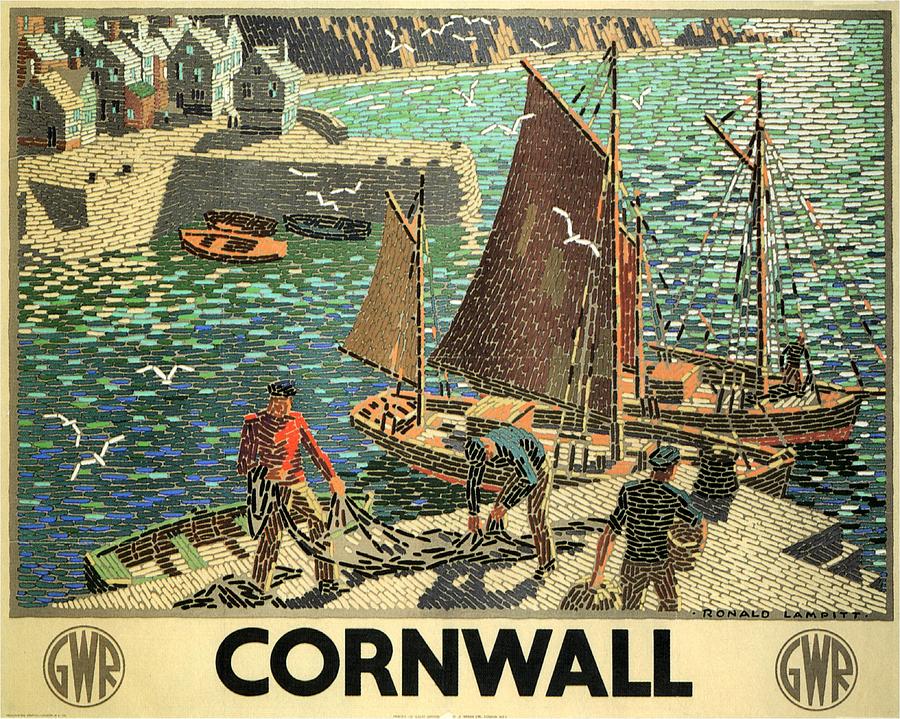 Fishing boats docked in a harbor with fishermen in Cornwall - Vintage Travel Poster Painting by Studio Grafiikka