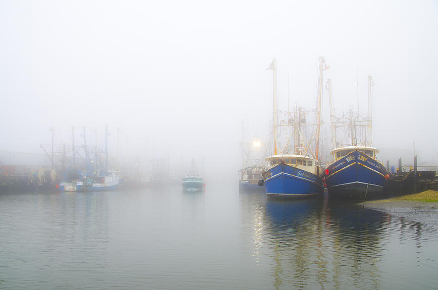 Boat Photograph - Fishing Boats in a Foggy Harbor by Bill Cannon