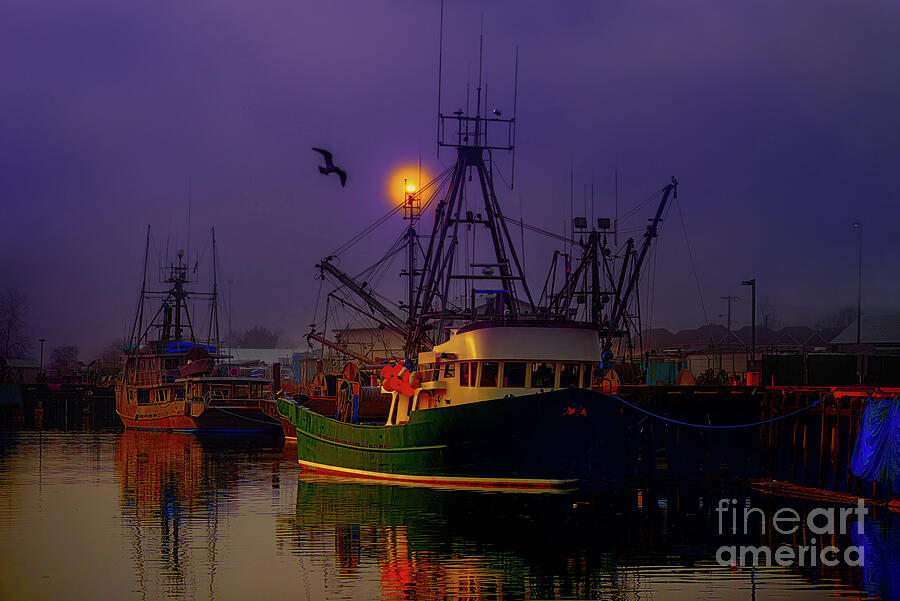 Fishing Boats In A Foggy Night Photograph