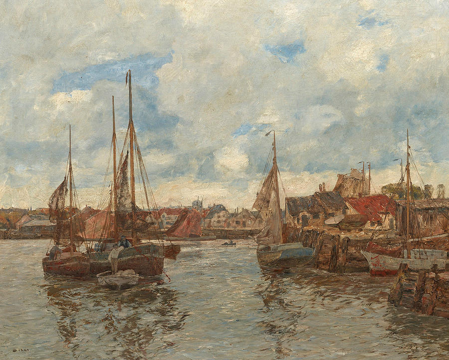 Fishing boats in a North Frisian port city Painting by Andreas Dirks
