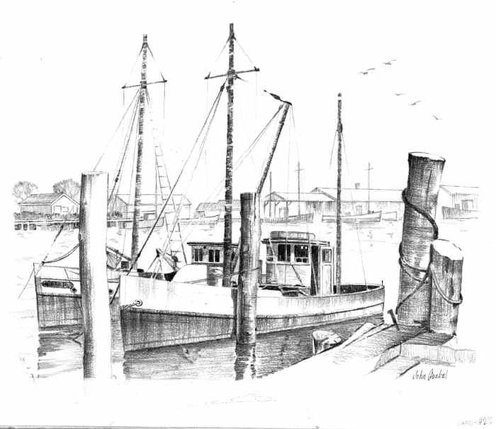 fishing boats in Chincoteague Virginia Drawing by Mike Goebel