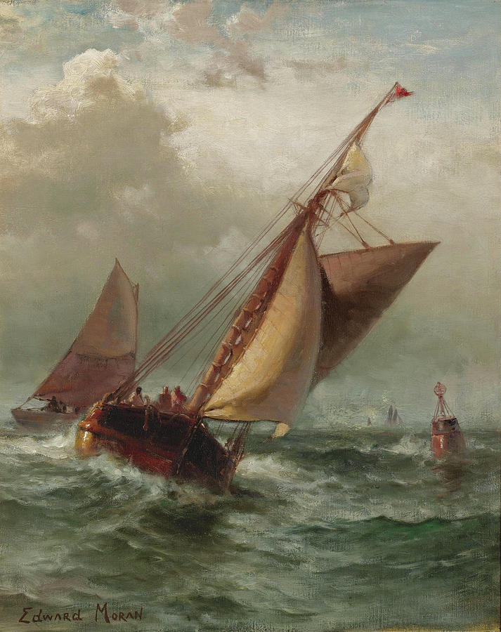 Fishing Boats in Portland Harbor Painting by Edward Moran