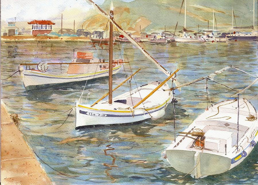 Fishing Boats in Skopelos Painting by David Gilmore