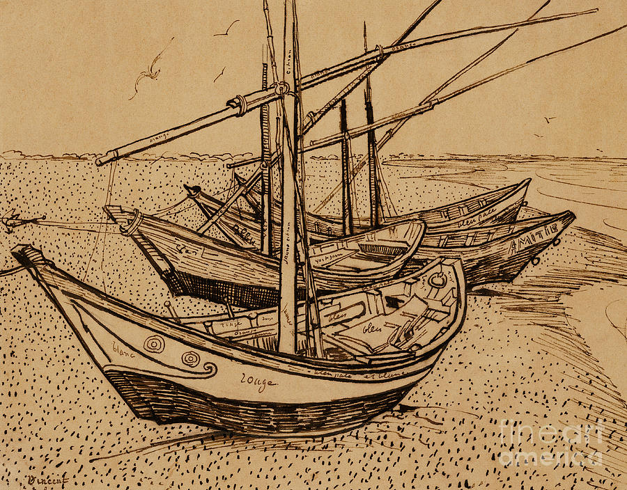 Fishing Boats on the Beach at Saintes-Maries de la Mer, 1888 Drawing by Vincent Van Gogh