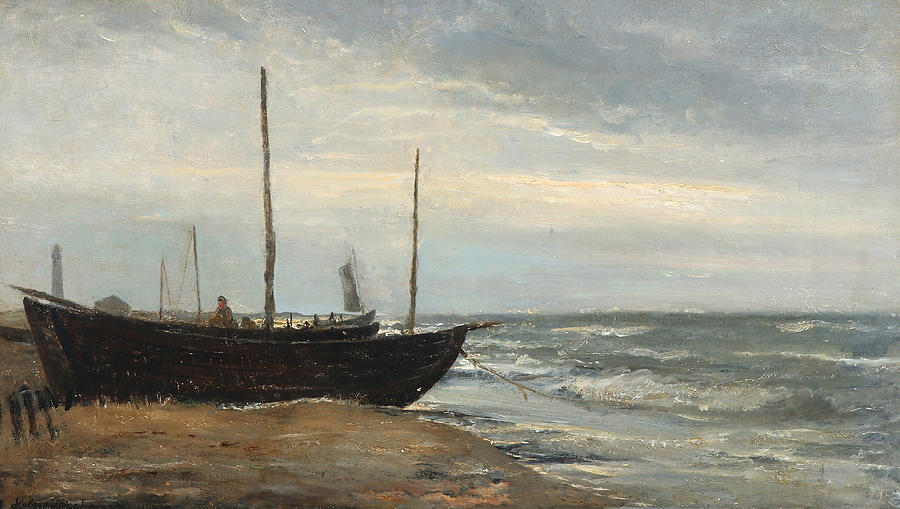  Fishing boats on the beach at Skagen, in the background The Grey Lighthouse Painting by Holger Drachmann