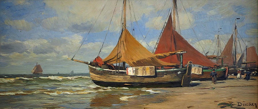 Fishing boats on the beach Painting by Eugen Ducker