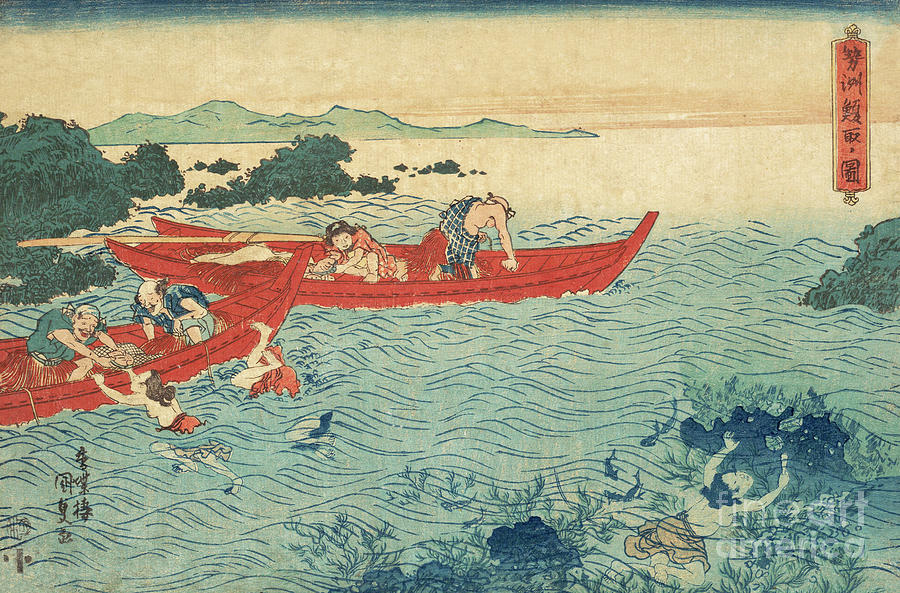 Fishing for Abalone Painting by Utagawa Kunisada