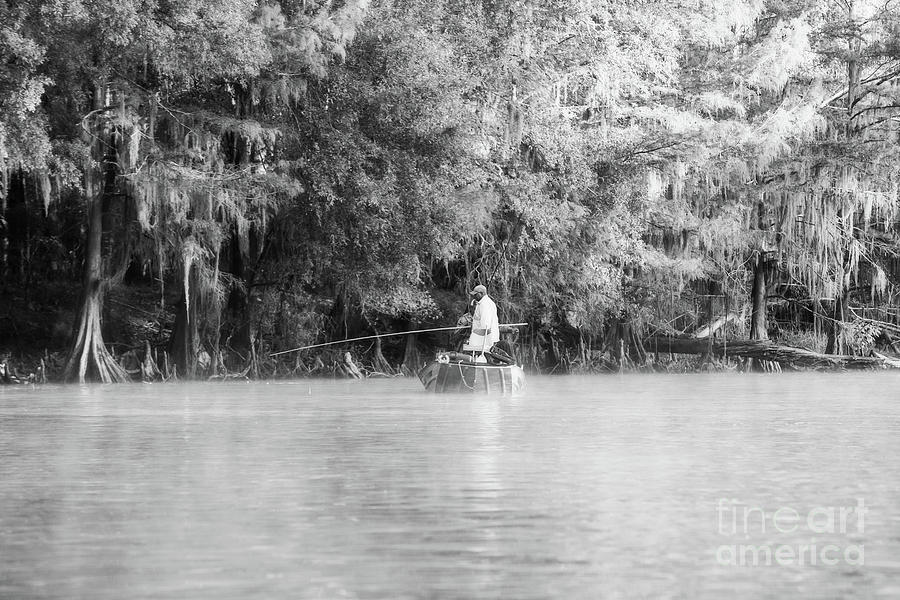 Fishing for White Perch on Big Cypress Bayou - BW Photograph by Scott Pellegrin