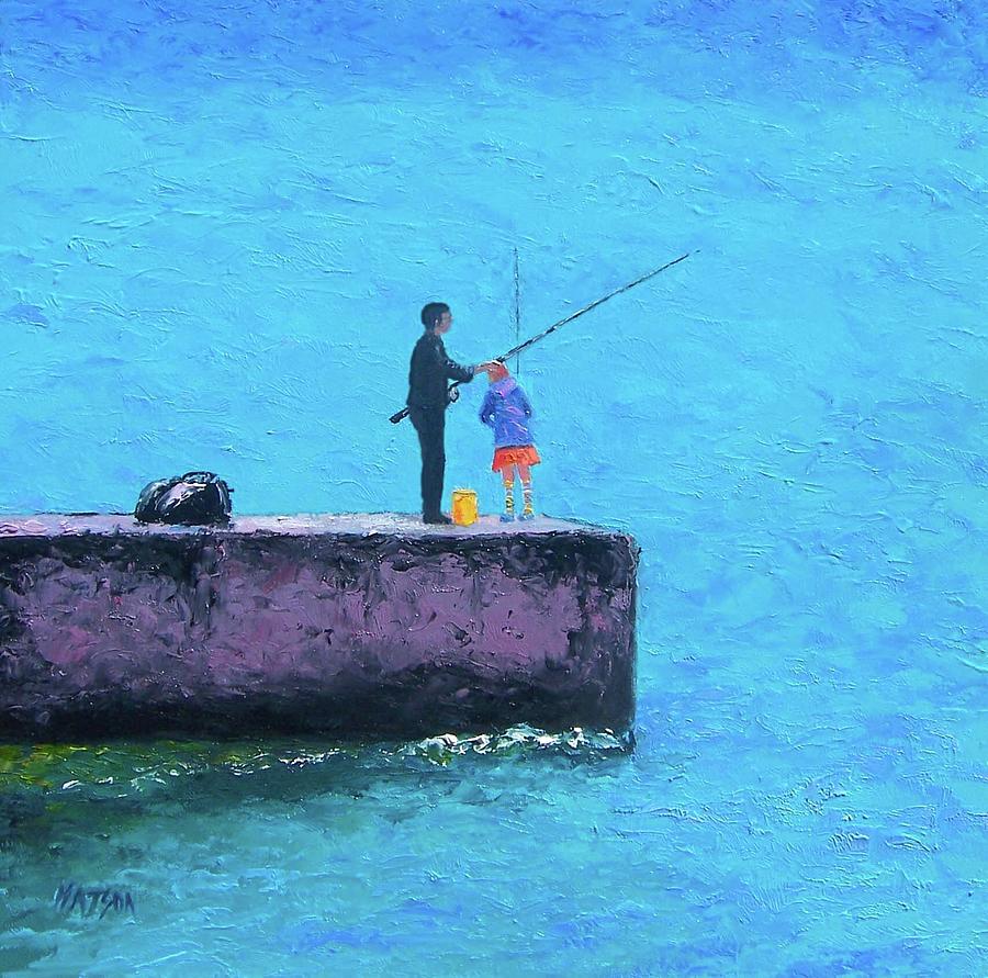 Beach Painting - Fishing from the Pier by Jan Matson