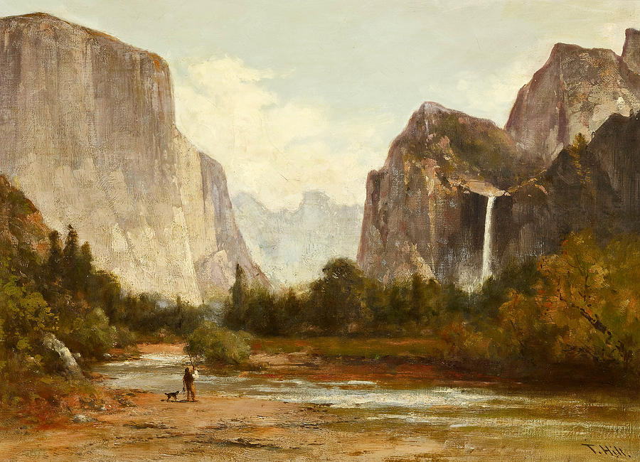 Fishing in Yosemite valley Painting by Thomas Hill