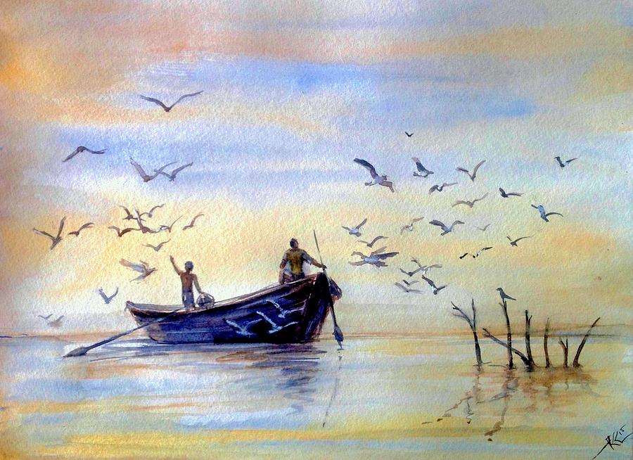 Fishing Painting by Katerina Kovatcheva