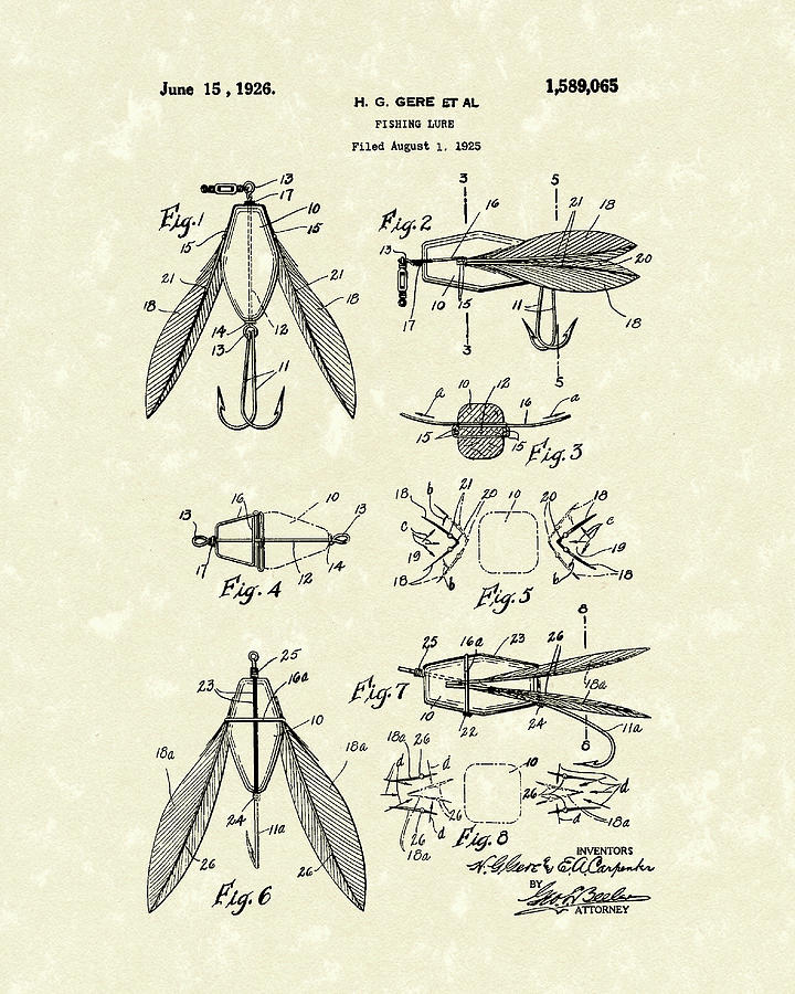 Fishing Lure 1926 Patent Art Drawing by Prior Art Design - Pixels