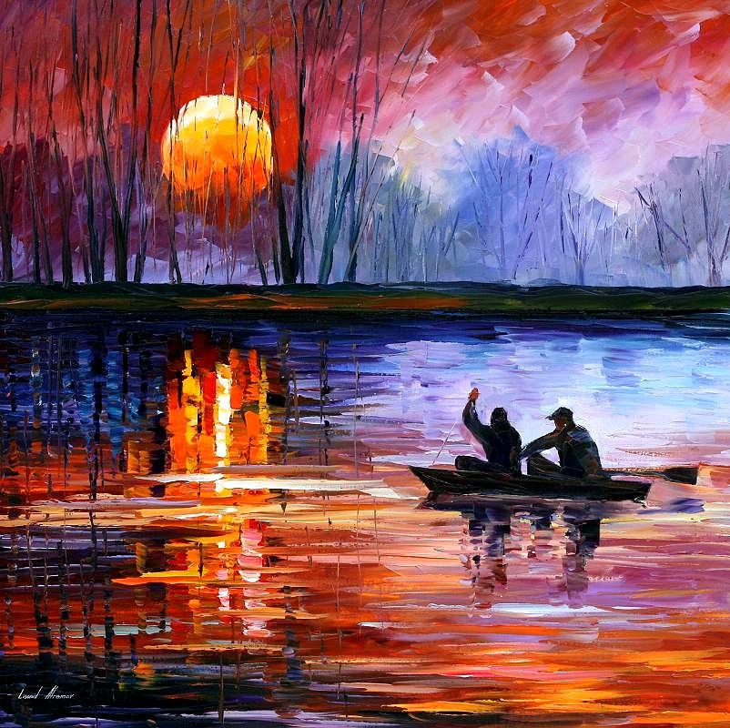 Seascape Painting - Fishing On The Lake by Leonid Afremov Seascape Painting - Fishing On The Lake by Leonid Afremov