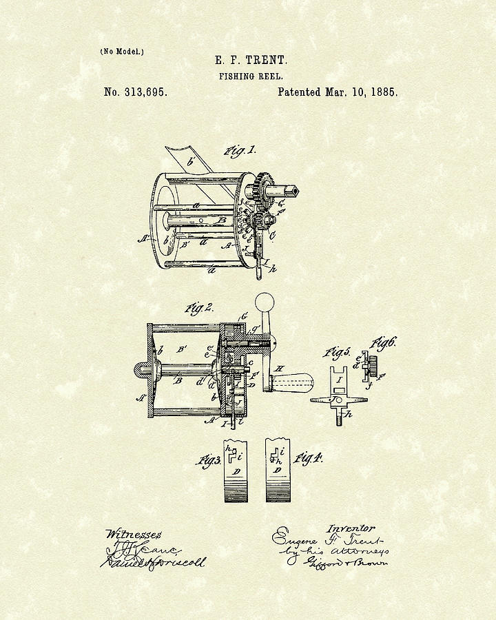 Fishing Reel 1885 Patent Art Drawing by Prior Art Design