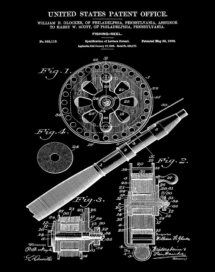 Fish Digital Art - Fishing Reel Patent 1906 Black by Bill Cannon