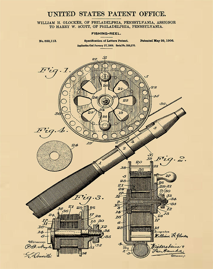 Fishing Reel Patent 1906 Sepia Digital Art by Bill Cannon