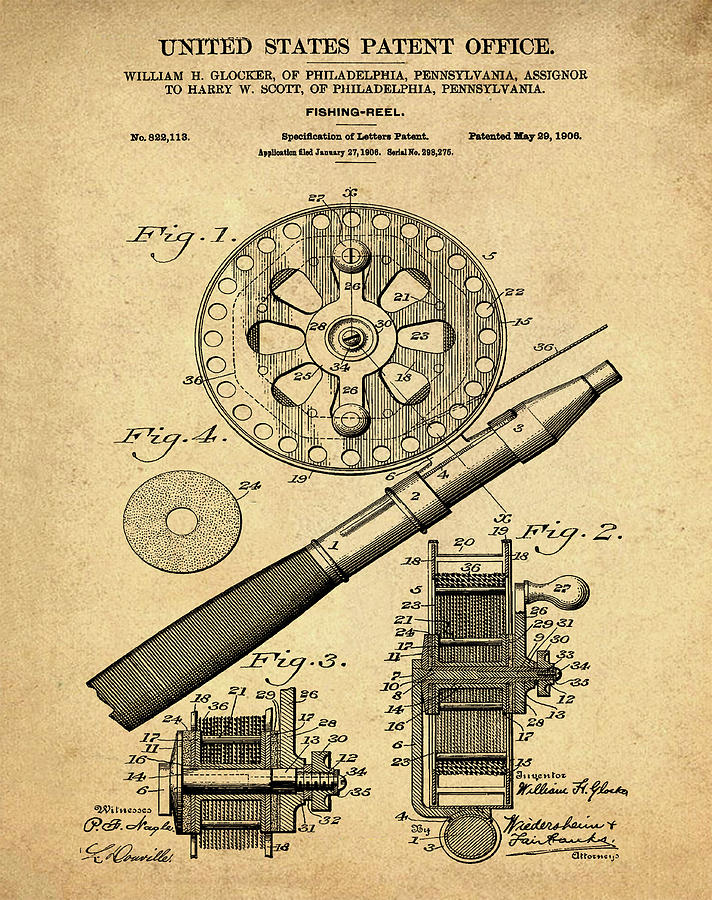 Fishing Reel Patent 1906 Vintage Sepia Digital Art by Bill Cannon